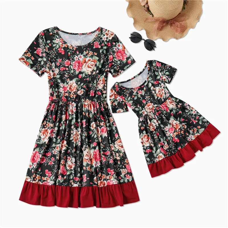 Spring Mommy and Me Clothes Princess Baby Dresses Girl Short Sleeve Floral Mother Daughter 2020 Beach Sundress C0700 | Мать и ребенок