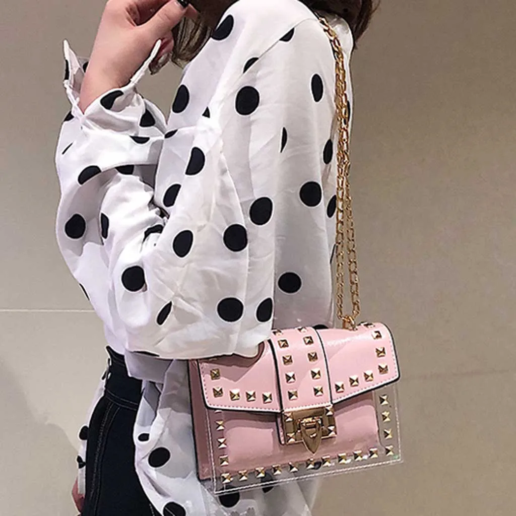 

Small clear Brand Designer Woman 2020 New Fashion Messenger Bag Chains Shoulder Bag Female Rivets Transparent Square PU Handbag