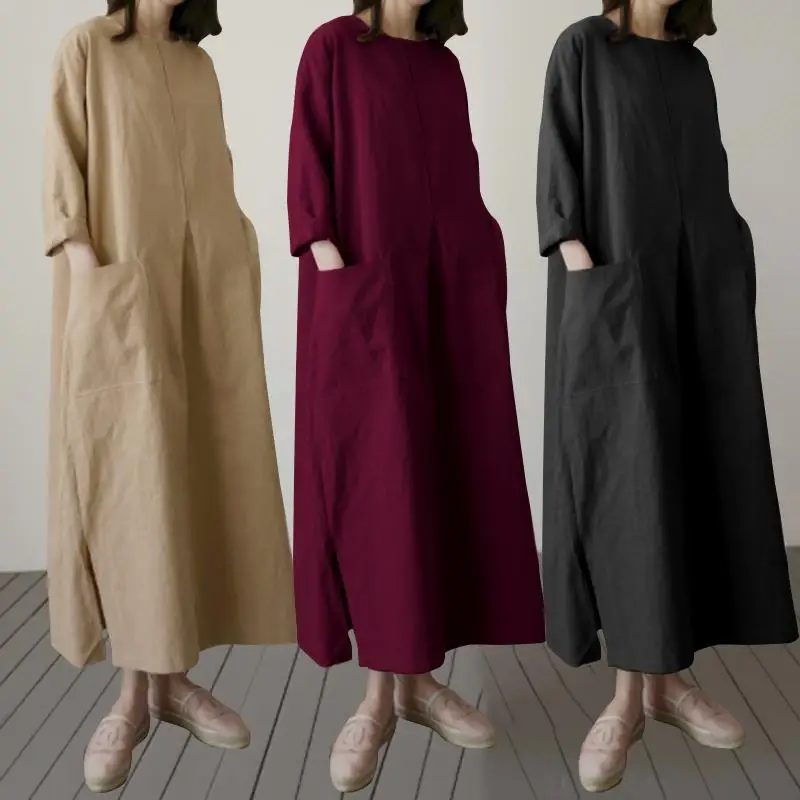 

Cotton and Linen 2020 Autumn Winter Women Long Sleeve Round Neck Big Swing Dress Women Clothing Simple Elegant