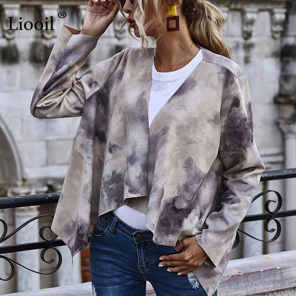 

Liooil Casual Tie Dye Coat and Jacket Women 2020 Autumn Winter Clothes Patchwork Asymmetric Turn-down Collar Loose Print Coats