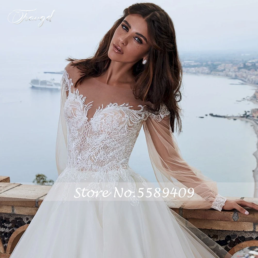 

Traugel Illusion Scoop Ball Gown Lace Wedding Dresses Long Sleeve Bridal Dress Chapel Train Wedding Gowns for Bride Plus Size