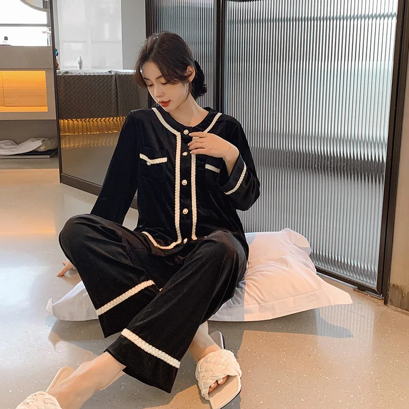 Gold Velvet Pajamas Set for Women Warm Autumn and Winter New Hot Style Velvet Home Clothes Homewear Sleepwear pijama mujer