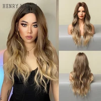 henry margu long ombre brown gloden blonde synthetic wig middle part wavy daily cosplay wig for black woman heat resistant fibre