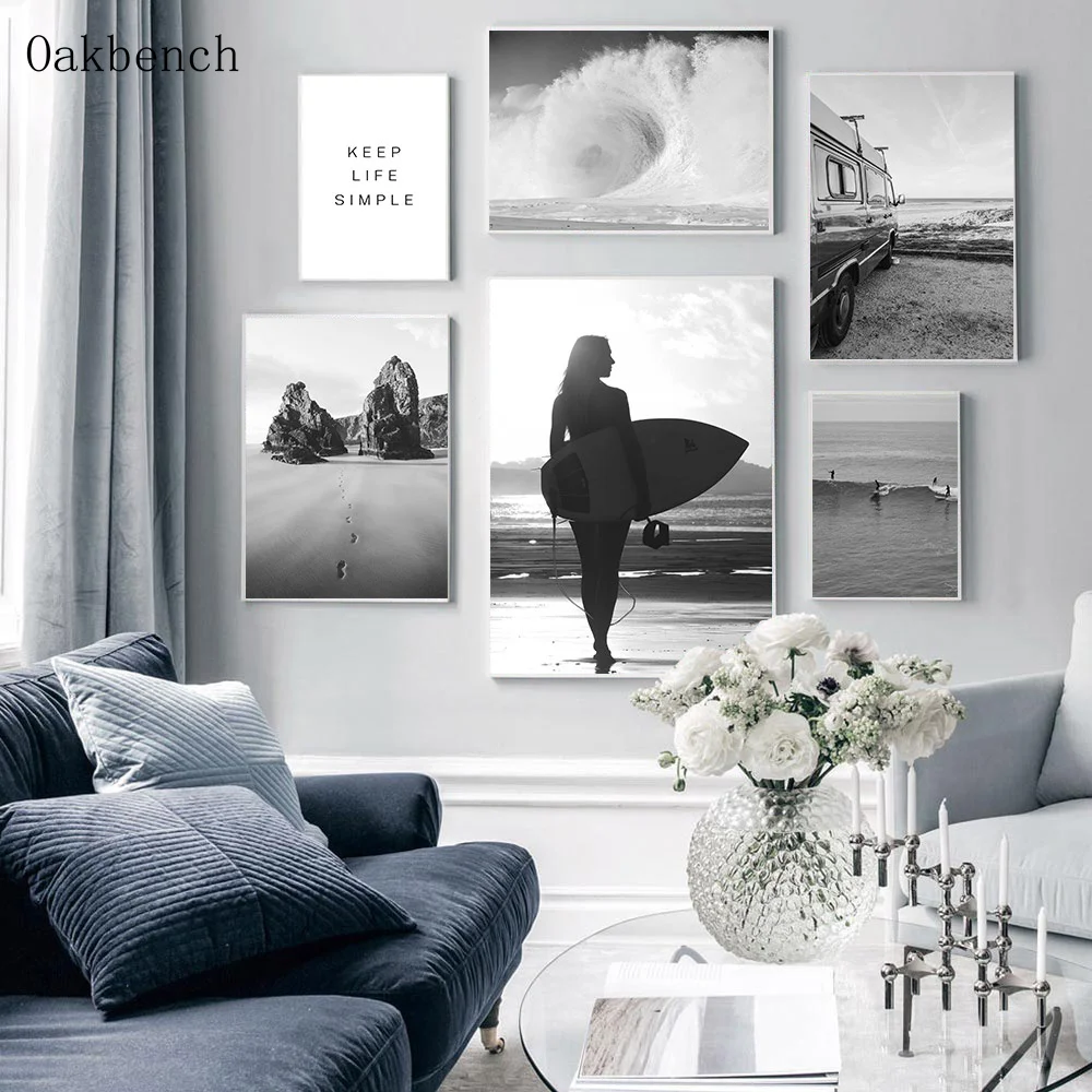 Black And White Sea Landscape Wall Art Print Beach Waves Canvas Painting Surf Woman Poster Nordic Pictures Home Decor |