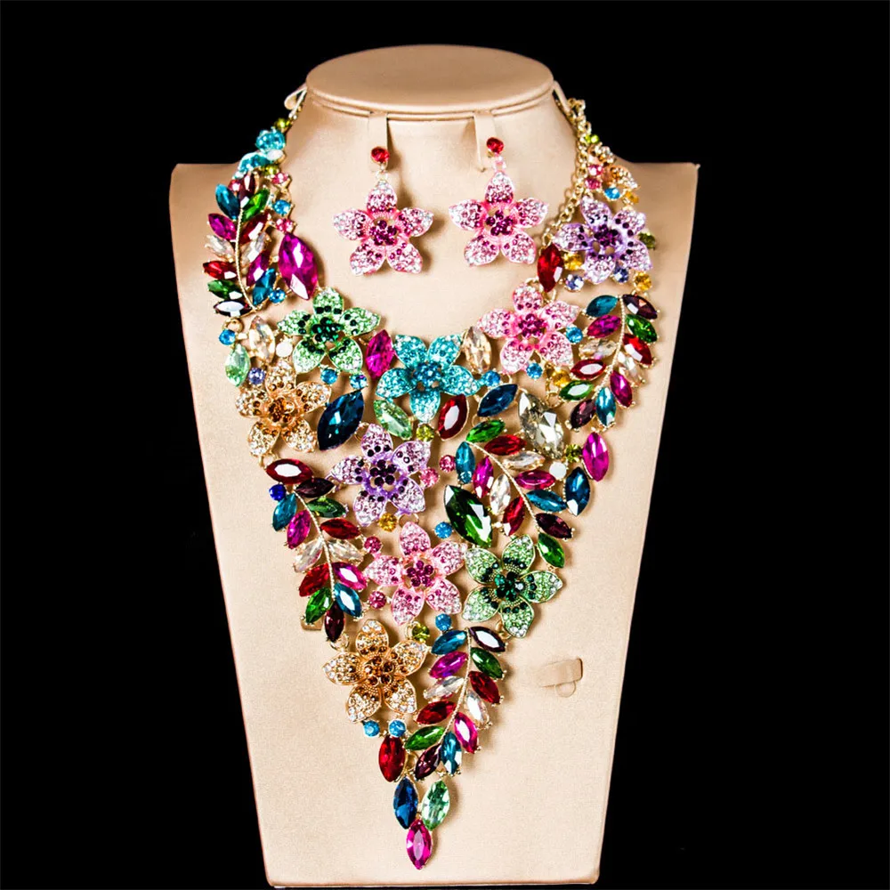 

2pc African Women Statement Flower Crystal Necklace Earrings Rhinestone Jewelry Set Choker Bridal Wedding Party Gift Accessories
