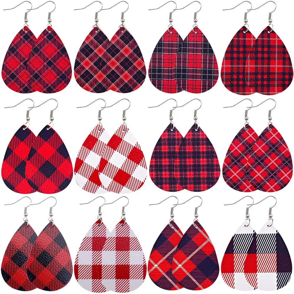 

Модные рождественские кожаные серьги в форме капли, красные клетчатые серьги из искусственной кожи, лидер продаж, серьги на День святого Ва...