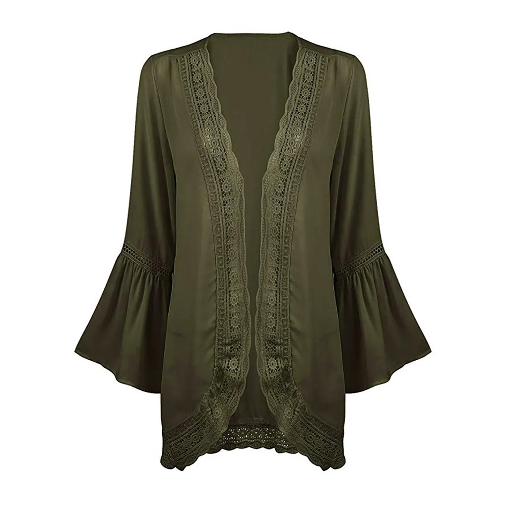 Женское кимоно кардиган однотонная блузка однотонный кружевной длинный рукав