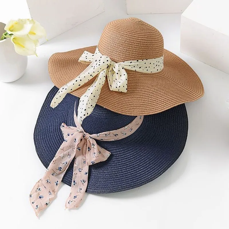 

2019 New Summer Female Sun Hat Bow Ribbon Panama Beach Hats For Women Chapeu Feminino Sombrero Floppy Straw Hat