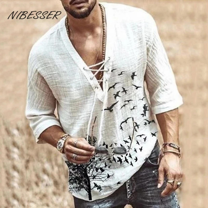 

NIBESSER Men's Shirt Fashion Hippie Cotton 2021 New Summer Beach Loose Tee Solid Color T shirts Casual Middle Sleeve VNeck M-5XL