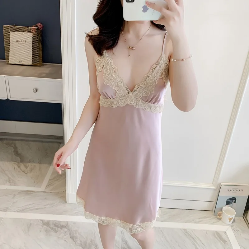 Ночная сорочка женская с шелковым принтом пикантная кружевная рубашка для сна