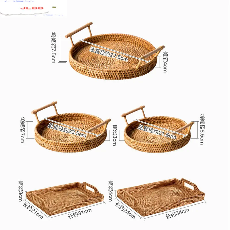 

Handmade Rattan Storage Sort Out Basket Cake Dessert Tray Round Rectangular Fruit Basket Home Use Binaural Weave Snack Plate