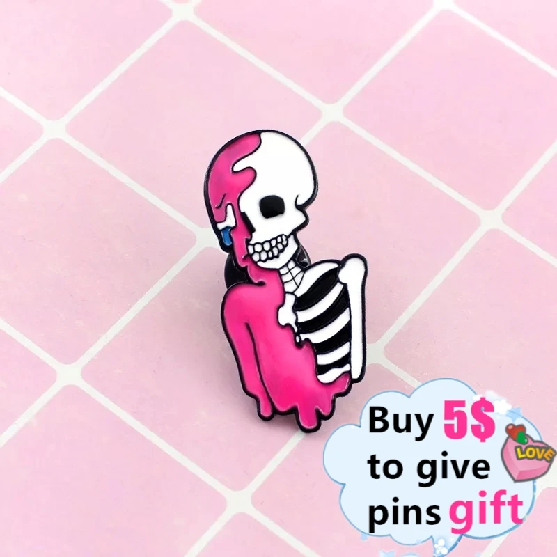 Брошь в виде розового скелета Значки для рюкзака жесткая эмалированная заколка
