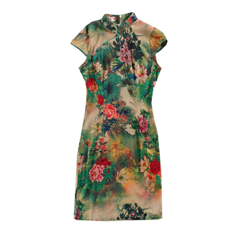 Платье женское хлопковое в восточном стиле с принтом эластичное короткое Ципао