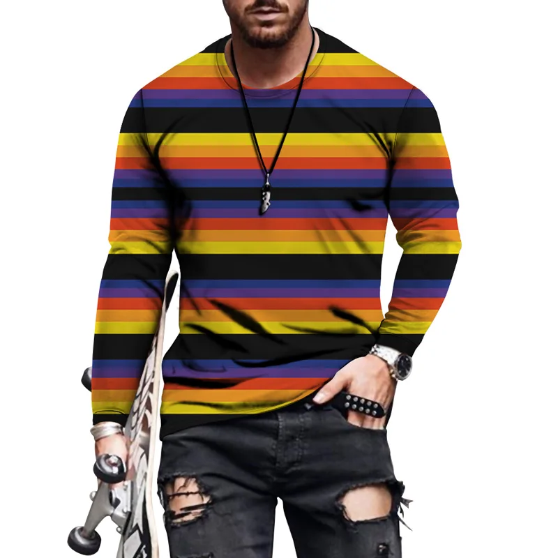 

Autumn new style 3D printing striped color matching men's sweater hip-hop shirt O-neck T-shirt long-sleeved all-match Harajuku