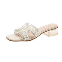 womens slippers outside summer new fashion beaded skin comfortable low inside with elegant sweet casual wild sandals