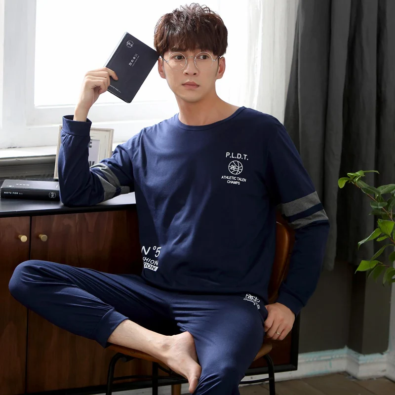 Осень-зима 2020 хлопковые Пижамные комплекты с длинным рукавом для мужчин
