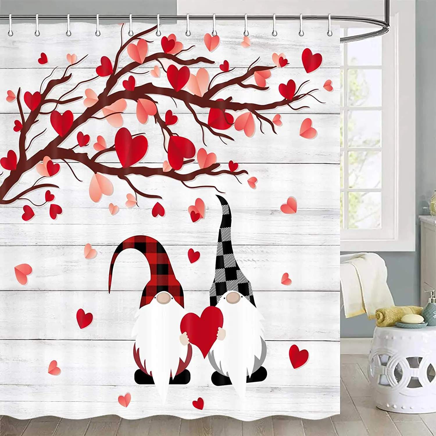 

Valentine's Day Shower Curtain Rustic Farmhouse Romantic Gnome Couple Red Heart Tree Farmhouse Valentine Bathroom Curtain 72x72