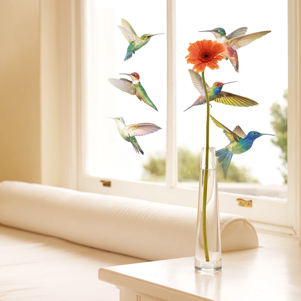 

6pcs Creative Glass Decals Hummingbird Painting Stickers Non Adhesive Anti-collision Window Clings to Prevent Bird Strikes 6PCS