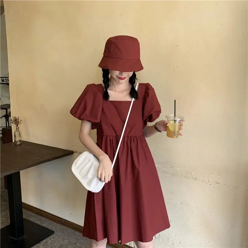 

Cute Solid Color Stitching with Hat Dress Western Style Korean Style Loose Doll Square Neck Puff Sleeve A-line Skirt