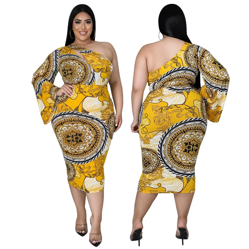 

Sexy Maxi Dress Party Gold Printing One Shoulder Long Flare Sleeve Club Dresses For Women Fashion Vestidos 2021 Autumn