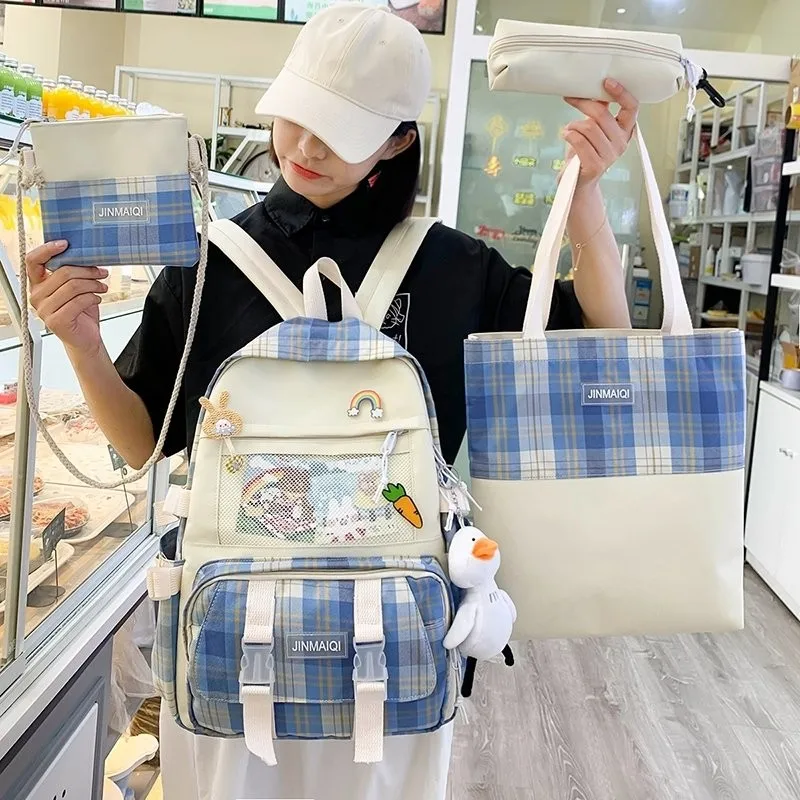 

4-piece Fashionable Plaid Women's Backpack Nylon Waterproof Large-capacity Travel Bagpack Cute Student Schoolbags