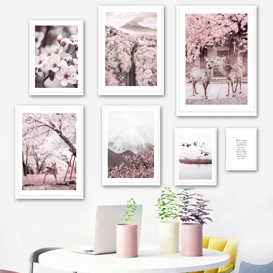 

Sakura Flower Deer Peach Blossom Volcano Bird Wall Art Canvas Painting Nordic Posters And Prints Wall Pictures Living Room Decor