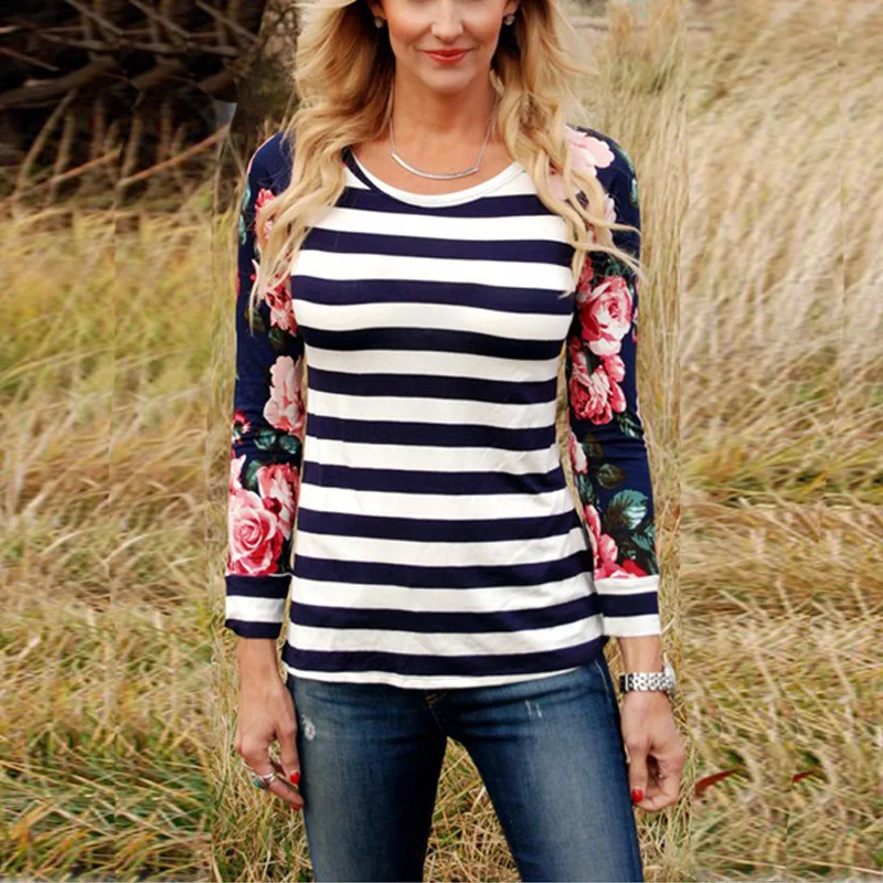 

2020 Spring Autumn Trendy Ethnic Striped Colorful Flowers Print O-neck Women T-Shirt Long Sleeve Patchwork Blouse Lady Tops Tees