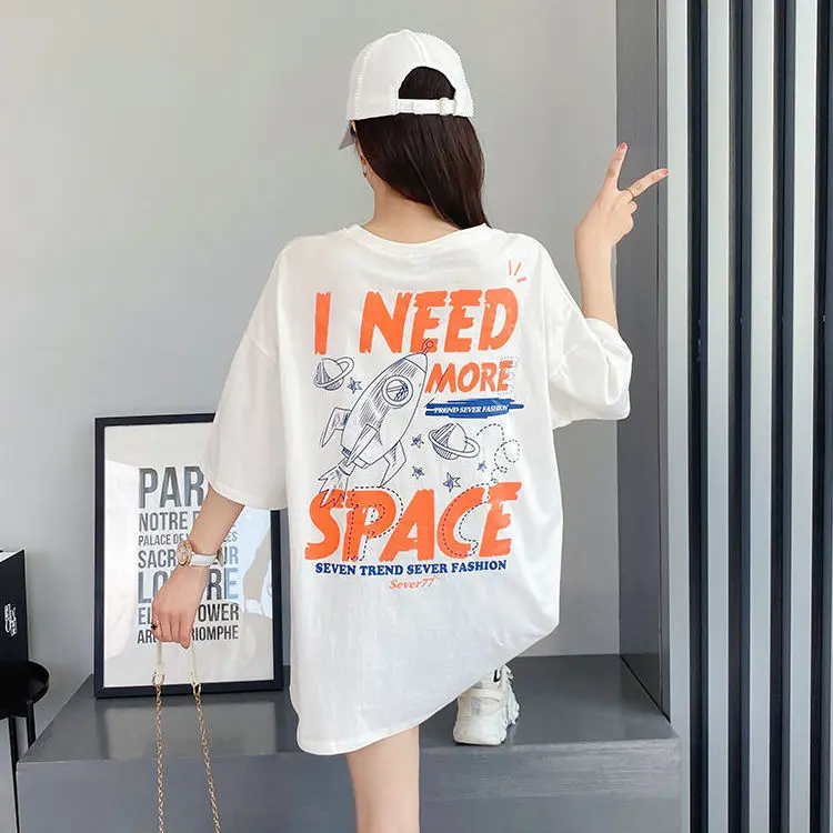 

Cotton large size Korean short sleeve T-shirt women's summer 2021 new Joker loose long foreign style shirt