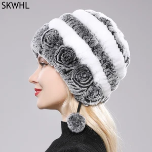 Imported Hot Sale Winter Women Flowers Striped Natural Real Rex Rabbit Fur Hats Lady Warm Knit Genuine Fur Ca
