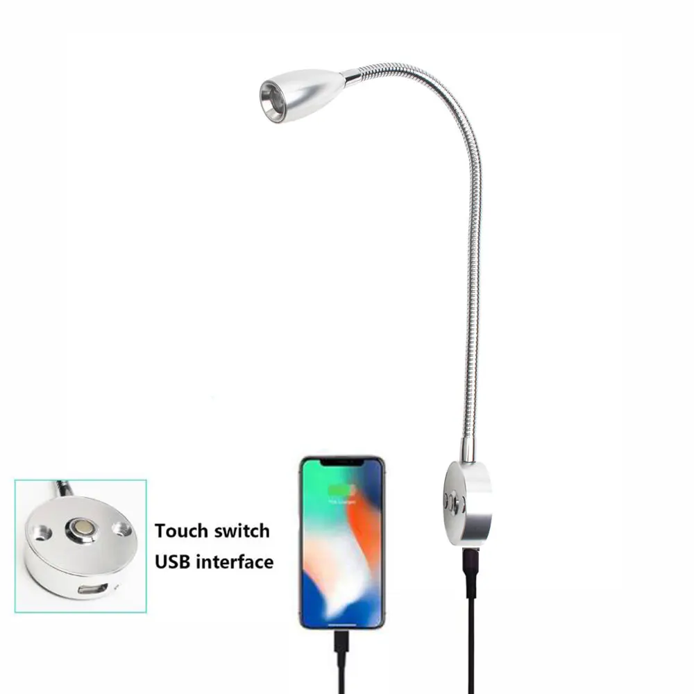 

LED Touch Dimming Wall Lamp DC 12V 24V Hose Spotlight For Hotel Bedroom Kitchen Bedside Reading Light Aluminum With USB Port
