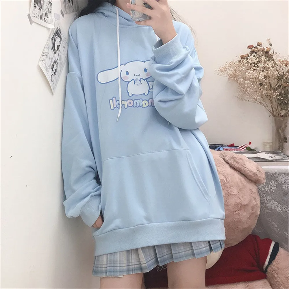 

Blue Cartoon Hoodie Kawaii Autumn Sweatshirt Harajuku Oversize Loose Dog Print Women High Street Pullovers Hoodie Streetwear