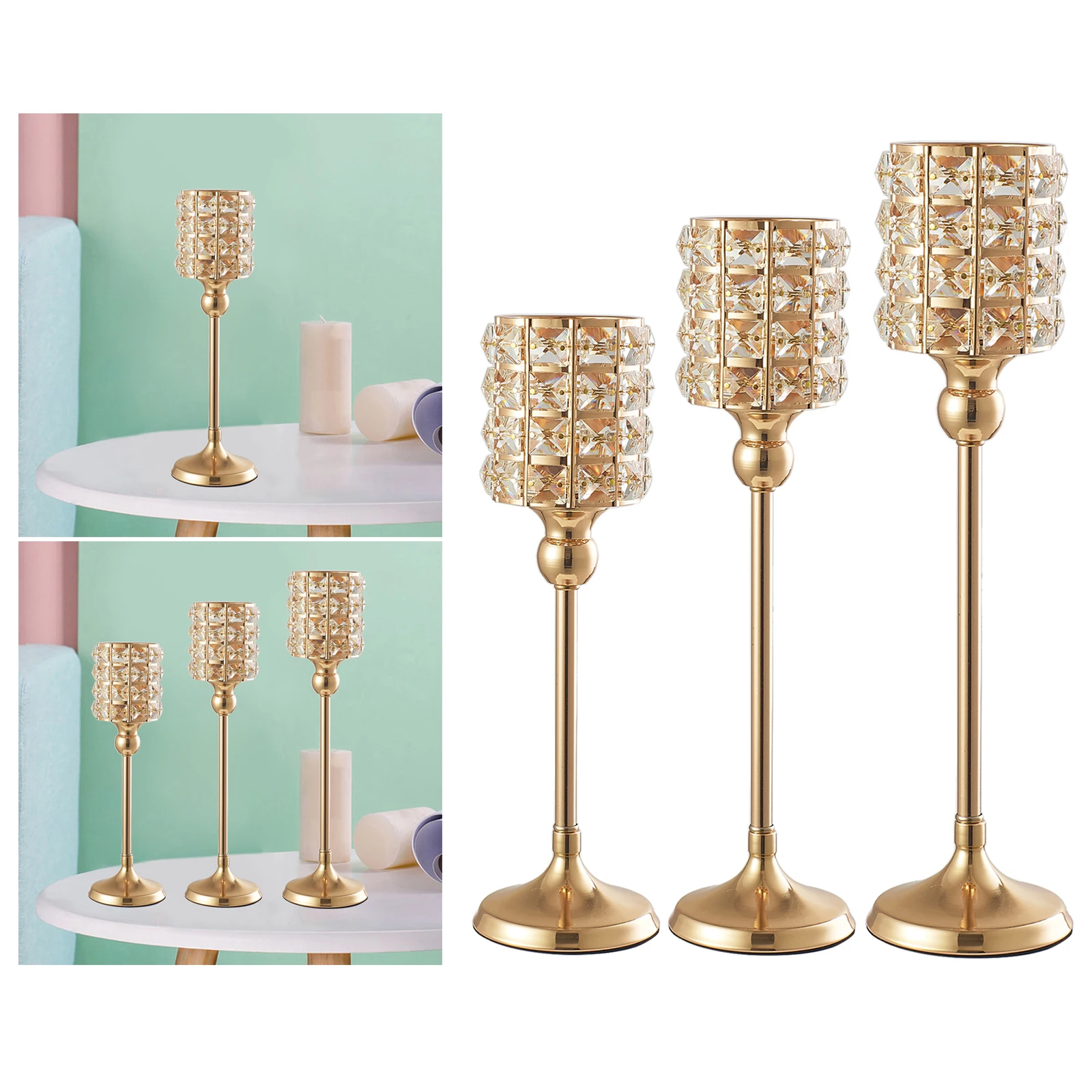

Crystal Metal Gold Candle Holder Dinner Home Decor Candlestick Ornament