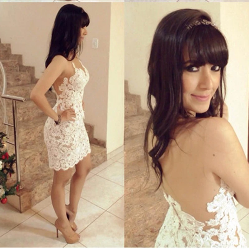 

Summer Women Short Dress Elegant White Hooked Flower Mesh Stitching Hollow Out Dress Ladies Backless Solid Vestidos Female