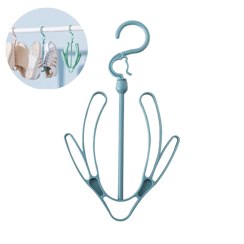 1pc Multifunctional Shoes Hanger Double Hooks Windproof Rotatable Balcony Scarf Necktie Shoes Hanging for Home Storage Organizer
