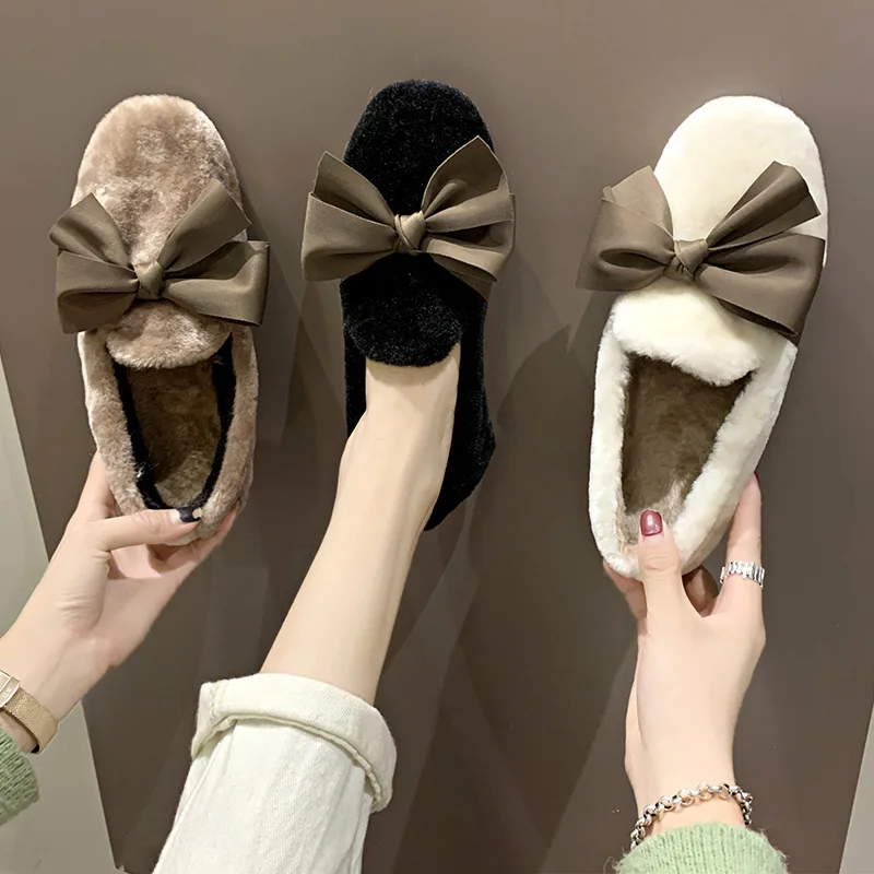 Женская зимняя повседневная обувь на плоской подошве с простым теплым бантом