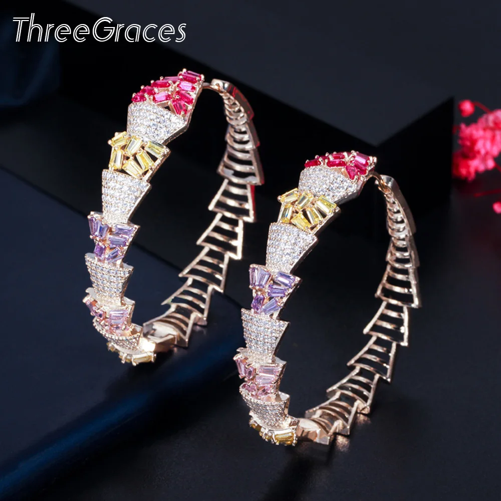 

ThreeGraces, сверкающие многоцветные серьги-кольца с кубическим цирконием, большие геометрические круглые серьги-кольца для женщин, новинка 2022, ...