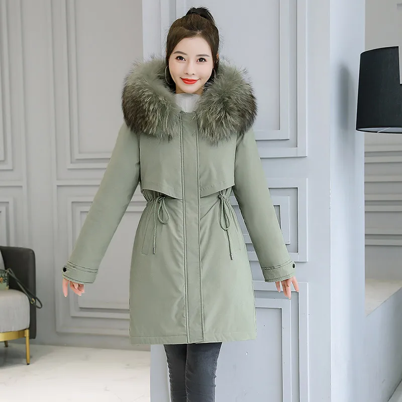 

2021 New Down Jacket Women Cotton Lining Winter Parka Down Coat Ladies Parker Fashion Plus Velvet Thick Medium Long Hooded