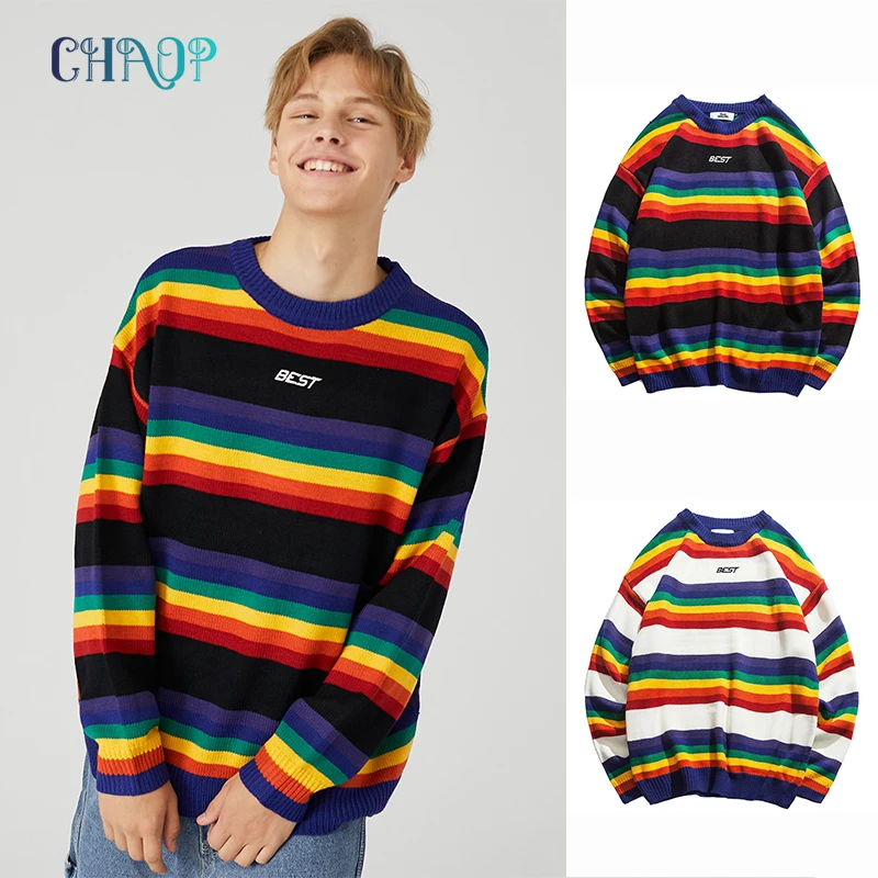 

Autumn Men Hip Hop Pullover Sweater Harajuku Retro Rainbow Knitted Striped Sweater Streetwear Couple Fashion Sweater Cotton Tops