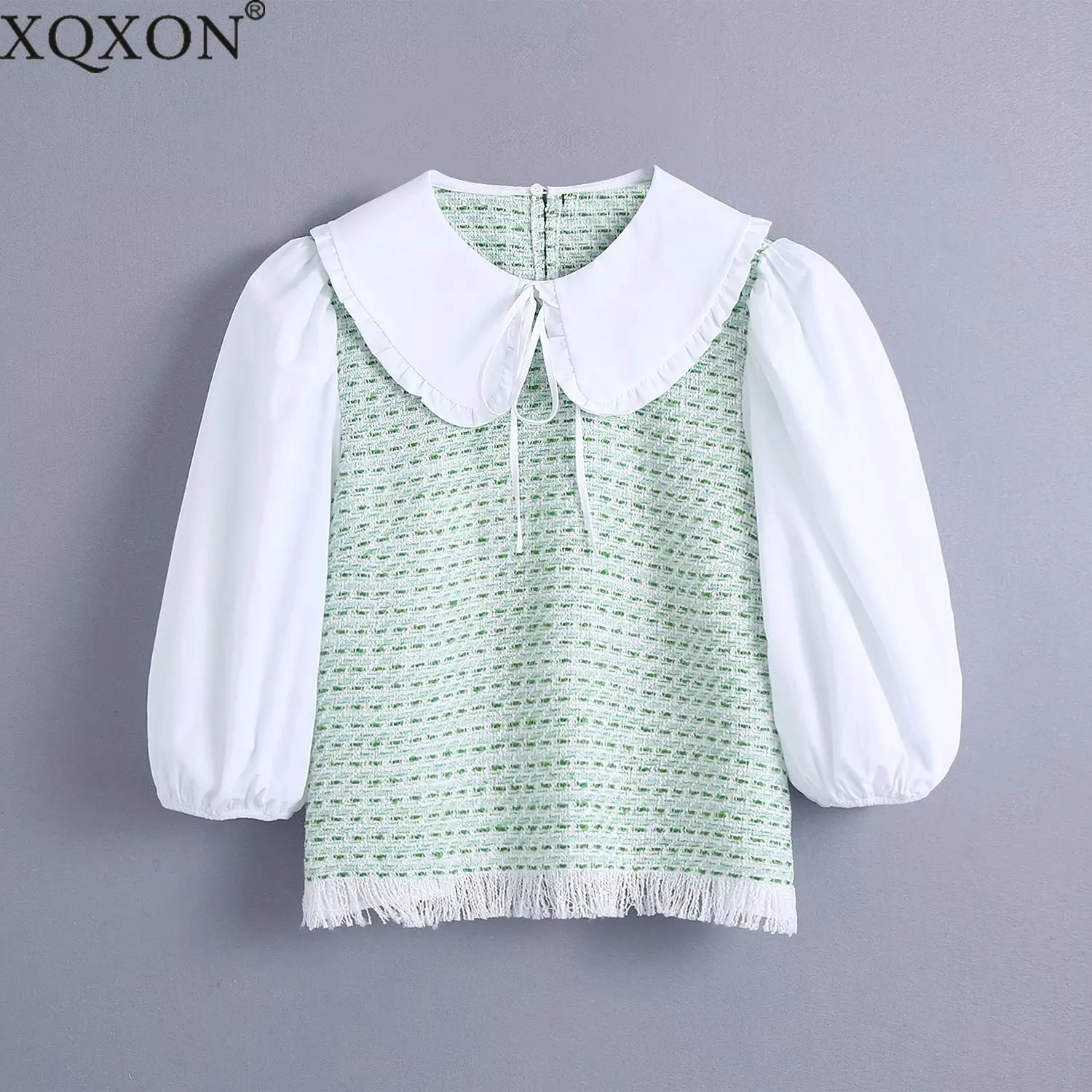 

Women 2021 Sweet Fashion Patchwork Tweed Blouses Vintage Peter pan Collar Frayed Hem Female Shirts Blusas Chic Tops