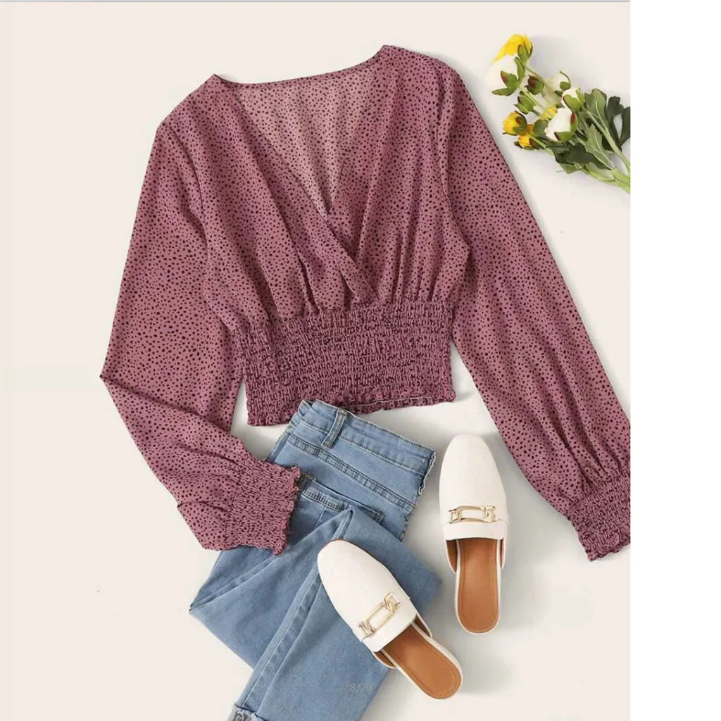 Приталенная блузка в горошек Женский пикантный топ с запахом и V образным вырезом