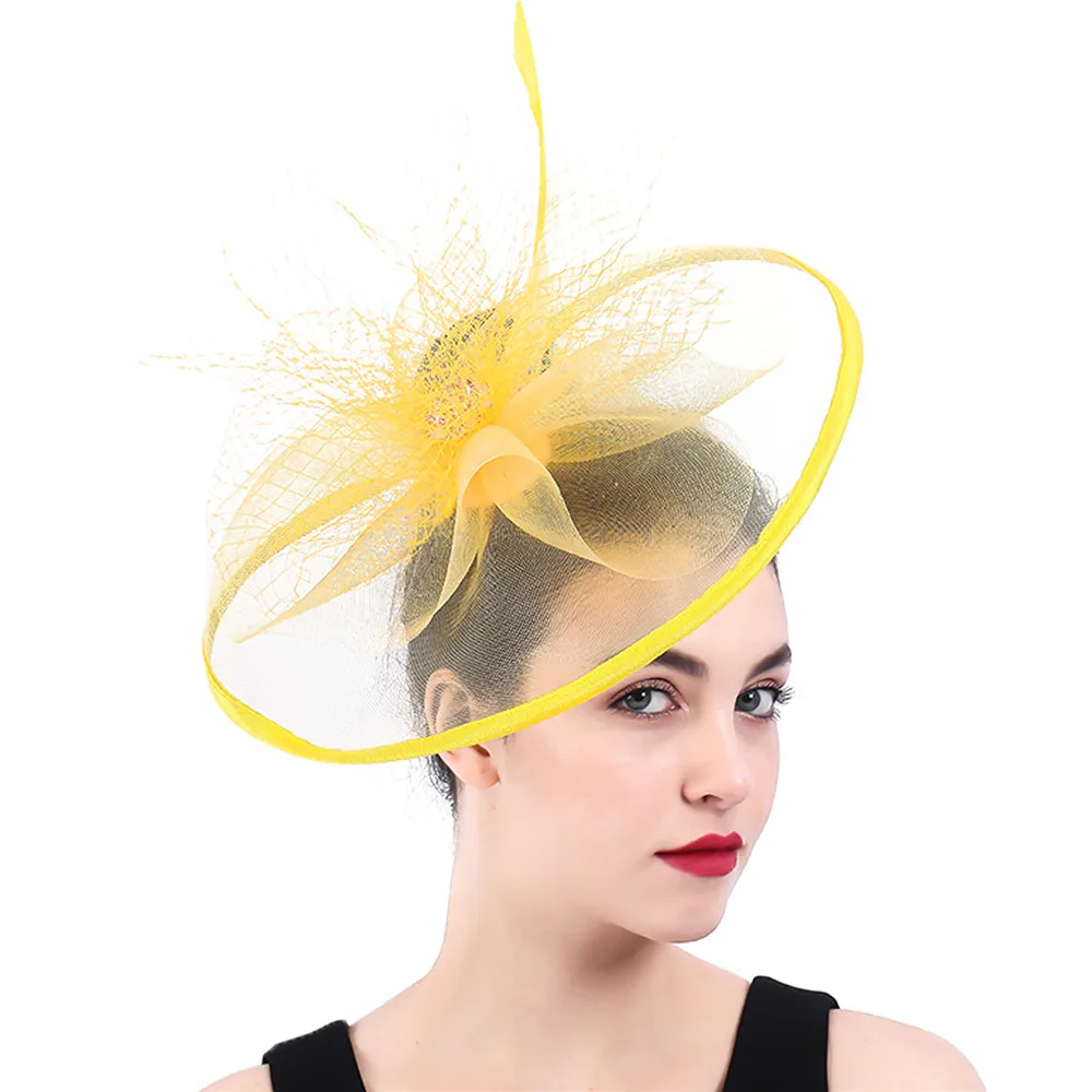 

Vintage Chic Derby Big Yellow Hats Fascinator Headbands Elegant Women Summer Headwear Race Bridal Headdress Wedding Headpiece