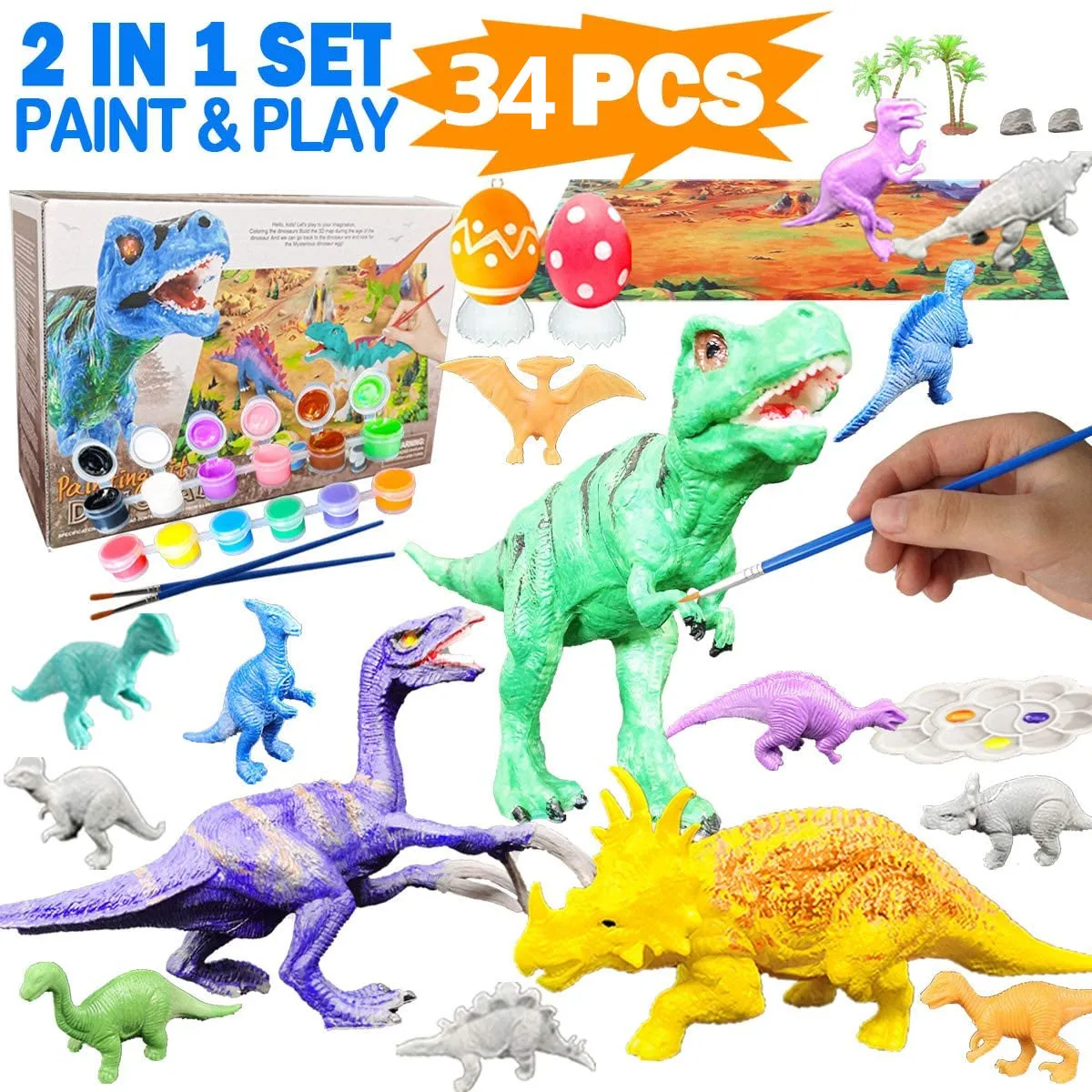 

Dinosaur Painting Kit,34pcs Crafts and Arts Painting Party Favors Dinosaurs Animal Figurines Paint Set for Kids
