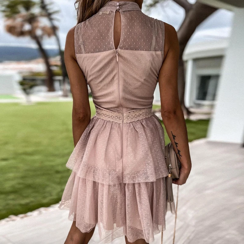 

Elegant Patchwork Mesh Lace Beach Dress Sexy Hollow Out Zip-up Women Party Dress Summer Casual Bowknot Ruffle Mini Dress Female
