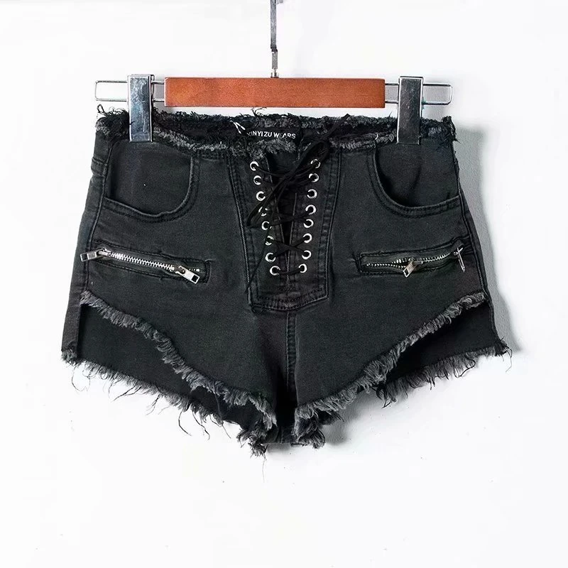 

2021 Women Loose Mid waist crimping denim shorts Fitness cotton pockets lace-up short jeans