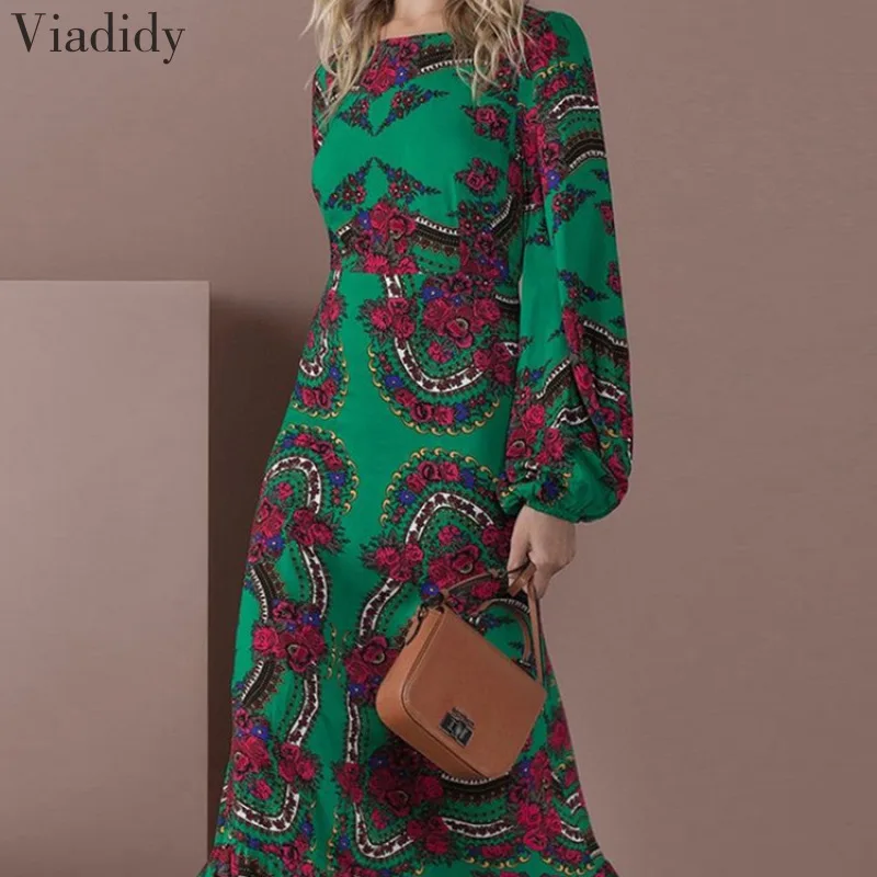 

Women Boho Maxi Dress Beach Party Plus Size 3XL Dress Ladies Sexy O Neck Long Floral Print Lantern Sleeve Spring Autumn Dresses