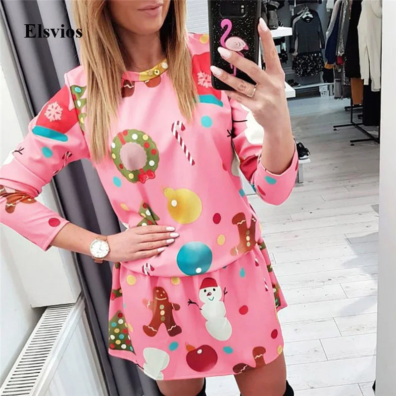 Elsvios Women Autumn Winter Christmas Dress New Year Long Sleeve Party Dress Snowman Print Mini Dresses For Parent-Kid Vestidos