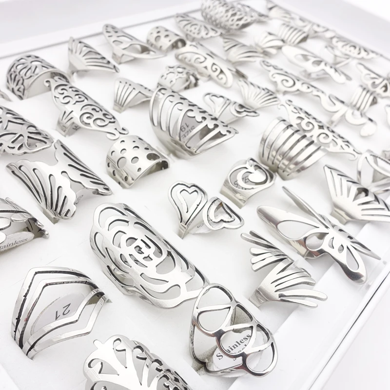 MixMax 20pcs Fashion Stainless Steel Rings for Women Mix Styles Carved Flowers Butterfly Unique Party Jewelry Wholesale Lot