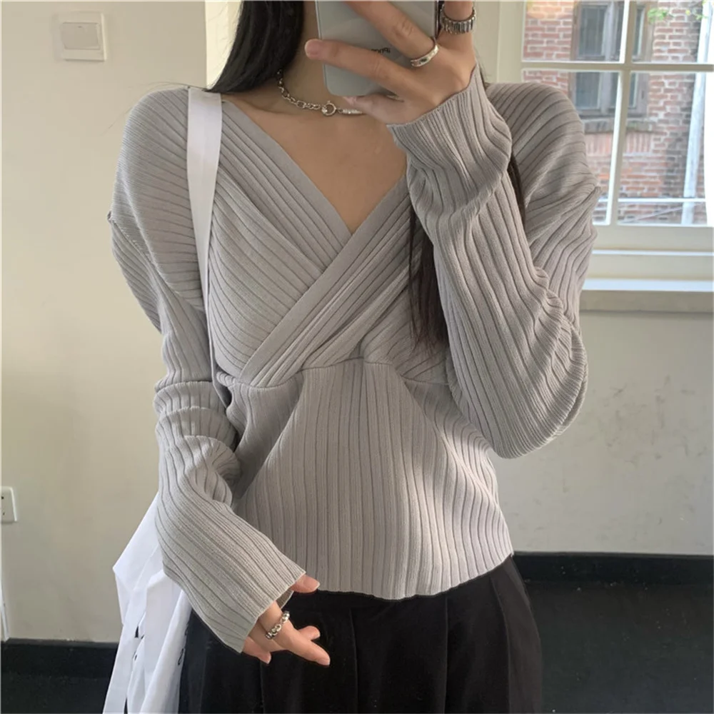 

Alien Kitty Elegant Cross V-Neck Women All Match Sweaters Fashion 2021 Knitwear Pullover Slim Sexy Autumn Full Sleeve Chic Tops