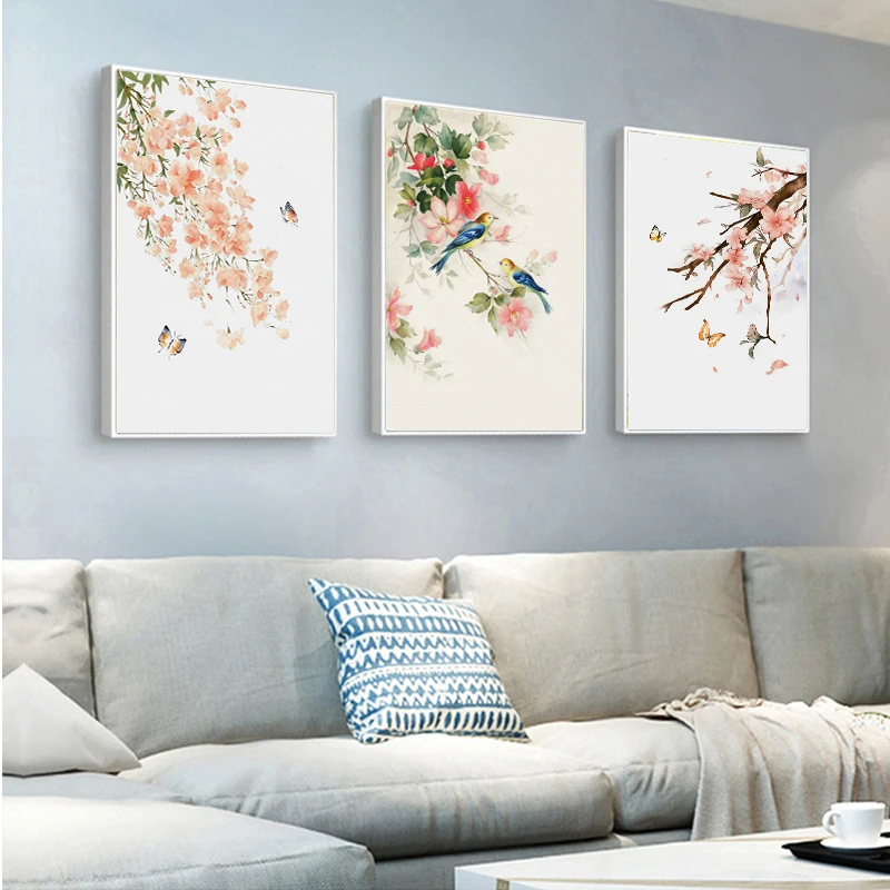 Бабочка птицы розовый цветок китайские чернила Цветочная абстракция на стену