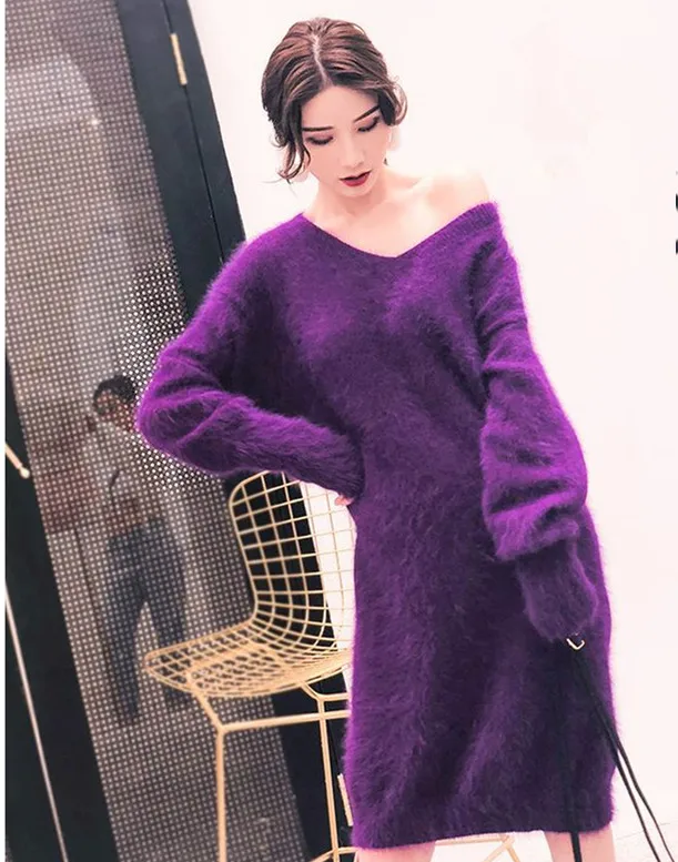 2022 New fashion winter long dress 100% real mink cashmere fluffy big size sweater skirt free shipping JN910 | Женская одежда